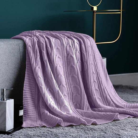 LIlac Purple Cozy Knit Cable Knit Weave Pattern Decorative Bed Accent Blanket